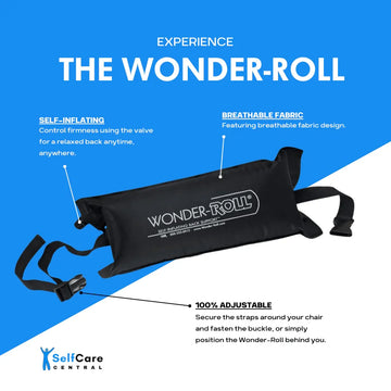 Inflatable lumbar support pillow designed to support the natural curve of the spine